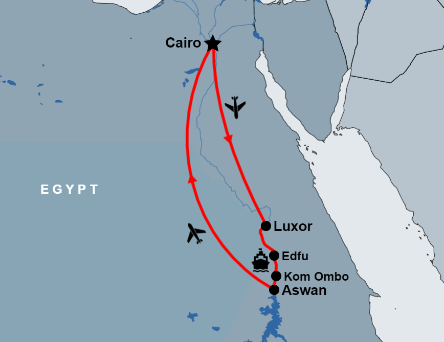 5 Day Luxor to Aswan Nile Cruise From Cairo By Flight map 5 Day Luxor to Aswan Nile Cruise From Cairo By Flight map